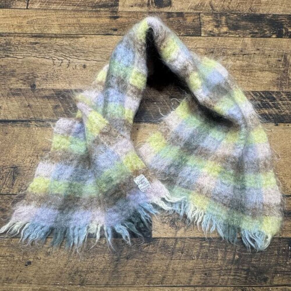 Creagaraon Mills Mohair Plaid Scarf Soft Fuzzy Winter Accessory Blue Green Brown